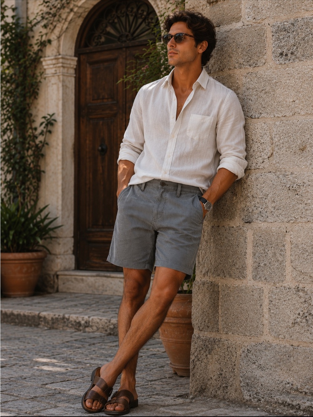 Men's Flat Front Cotton-Blend Shorts in Gray